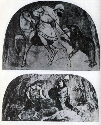 Bear Hunting. Fresco in the north section of the Cathedral of St Sophia in Kiev. 11th century. Two Mummers Fighting. Fresco in the north section of the Cathedral of St Sophia in Kiev. 11th century