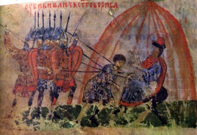 The Tale of the Holy Martyrs Boris and Gleb. The murder of Boris. Illumination from the Sylvester Miscellany. 14th century. Central State Archive of Ancient Documents, Moscow