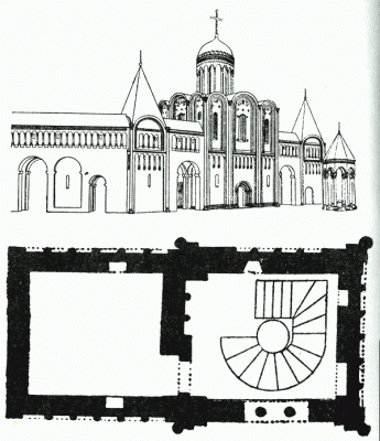 Section of the palace ensemble in Bogolyubovo where Prince Andrew Bogolyubsky of Vladimir and Suzdal principality resided. 1158-c.1165. Reconstruction by N. N. Voronin. Plan of the extant section of the palace ensemble in Bogolyubovo