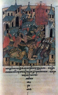 Batu Captures Suzdal. Illumination from The Illustrated Chronicle. 16th century, demy of Sciences Library, Leningrad