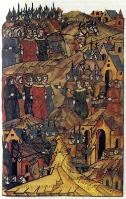 The Capture of Ryazan by Khan Batu. Illumination from The Illustrated Chronicle. 16th century. Academy of Sciences Library, Leningrad