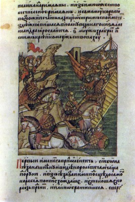 The Tale of the Life of Alexander Nevsky. The Battle on the Neva and the Defeat of the Swedes in 1240. Illumination from The Illustrated Chronicle. 16th century. State Public Library, Leningrad