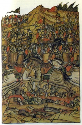 The Battle of Kulikovo in 1380. Illumination from The Illustrated Chronicle. 16th century. Academy of Sciences Library, Leningrad