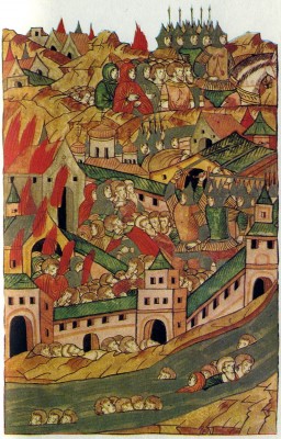 The Capture of Moscow by Khan Tokhtamysh in 1382. Illumination from The Illustrated Chronicle. 16th century. Academy of Sciences Library, Leningrad