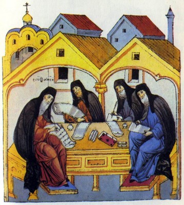 Epiphanius the Most Wise Compiling the Life of St Sergius оf St. Sergius Radonezh. 16th-century illumination. State Lenin Library, Moscow